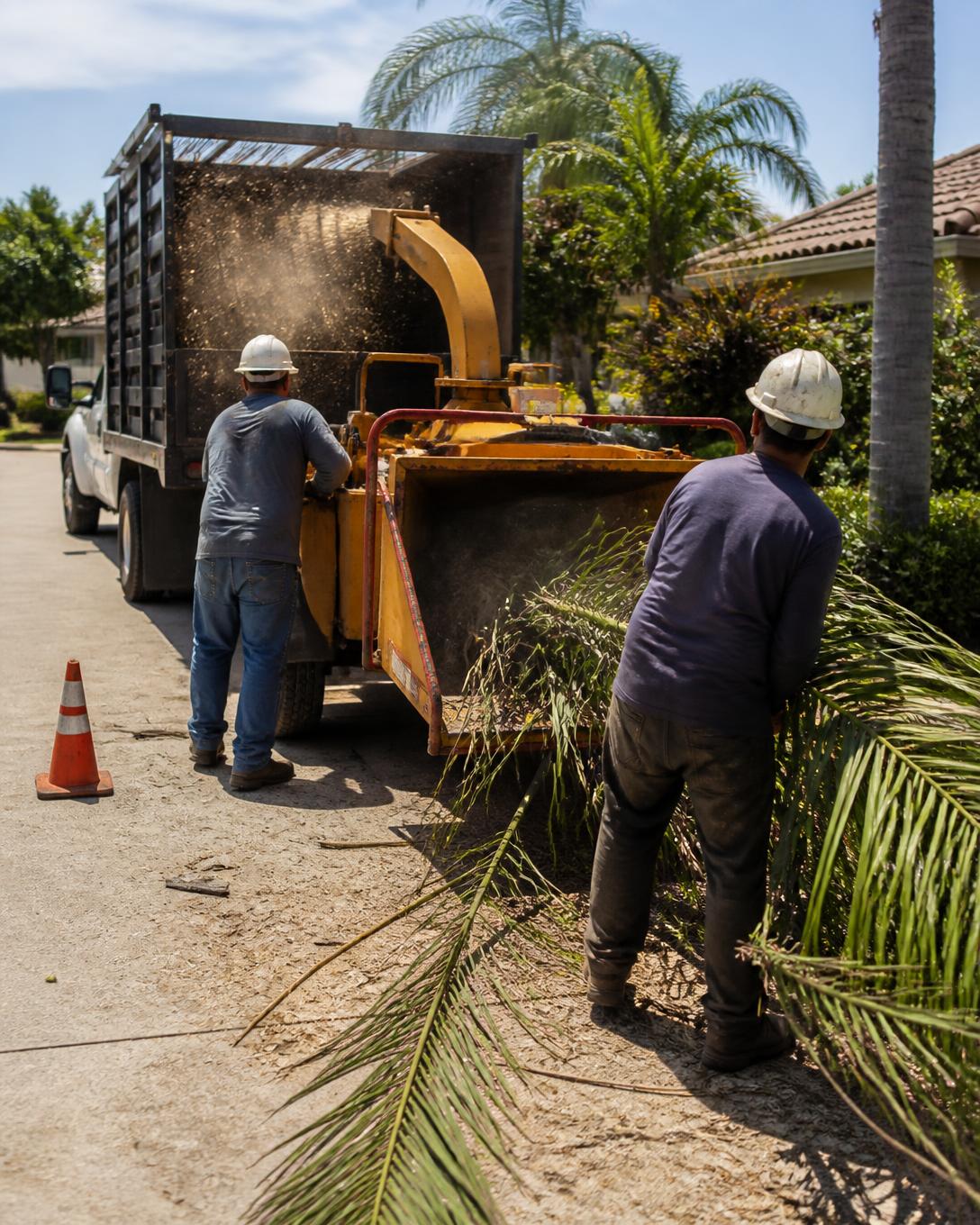 Aloha Tree Care crew feeding cut limbs into a chipper in San Diego
